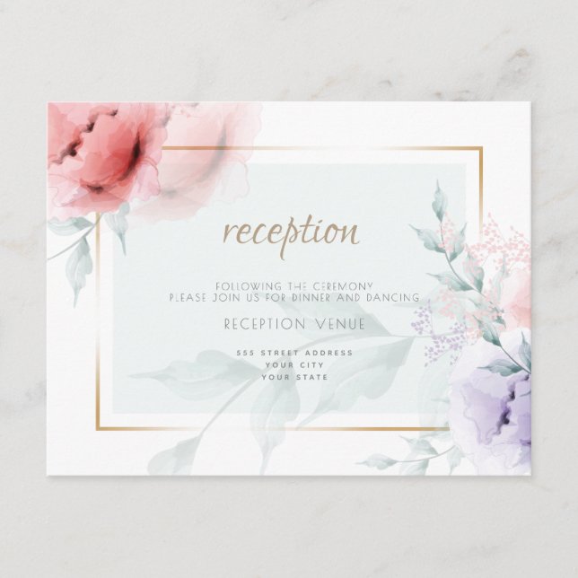 EMPFANG | Trendy Coral & Lilac Aquarelle Peonies Begleitkarte (Vorderseite)