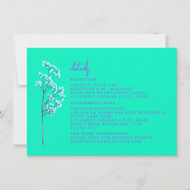 Empfang Unterkunft Neon Blue Hochzeit Details Einladung (Vorderseite)