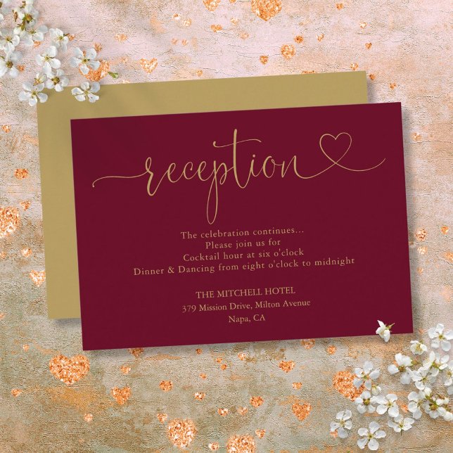 Empfang von Burgunder und Goldenen Herzinfarkt Begleitkarte (Burgundy And Gold Heart Script Wedding Reception Enclosure Card)
