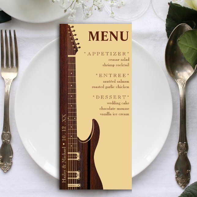 Empfang von Red Wood & Tan Brown Gitarre Menükarte (Red Wood & Tan Brown Guitar Wedding Reception Menu)