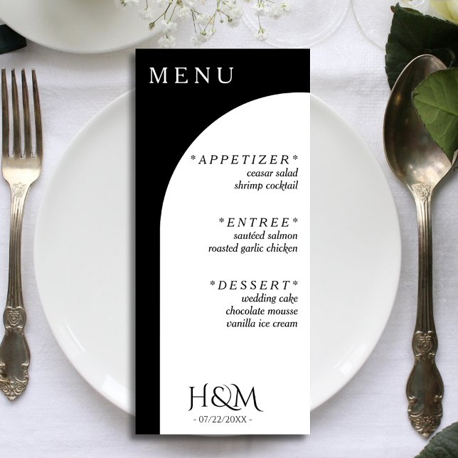 Empfang von Schwarz-Weiß-Bogenschießen Menükarte (black and white wedding menu)