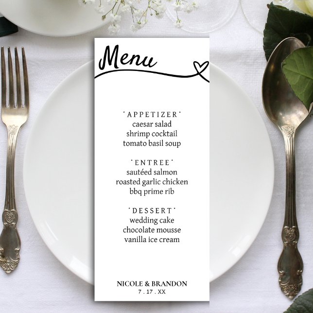 Empfang von White & Black Couple Heart Menükarte (White & Black Couple Heart Wedding Reception Menu)