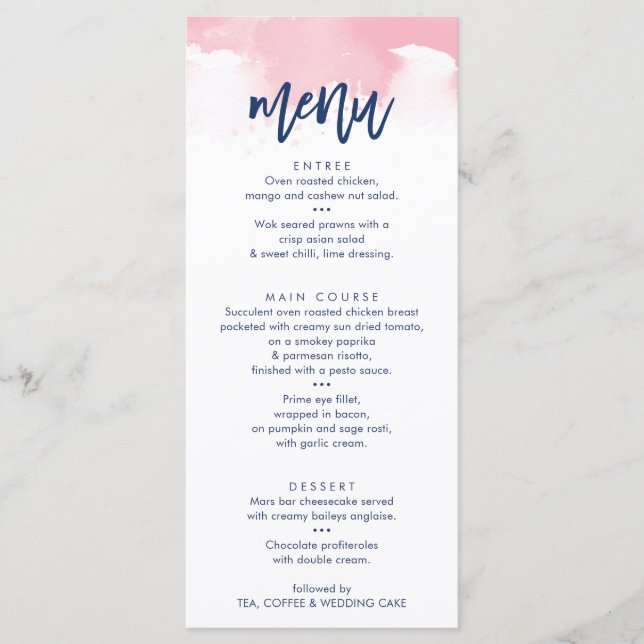 EMPFANG WEDDING MENU stilvoll rosa Aquarell Menükarte (Vorderseite)