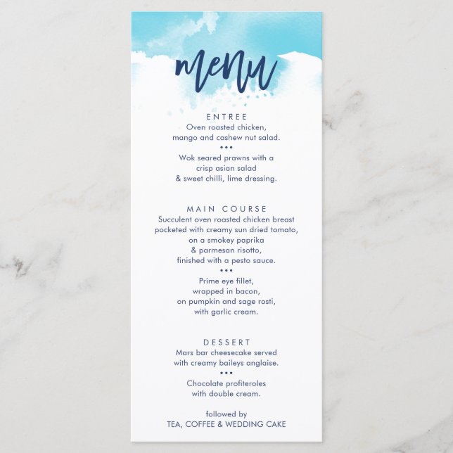 EMPFANG WEDDING MENU stilvolle Aqua Aqua Aqua Menükarte (Vorderseite)