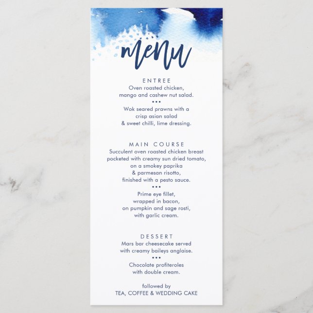 EMPFANG WEDDING MENU stilvolle Marine Aquarell Menükarte (Vorderseite)