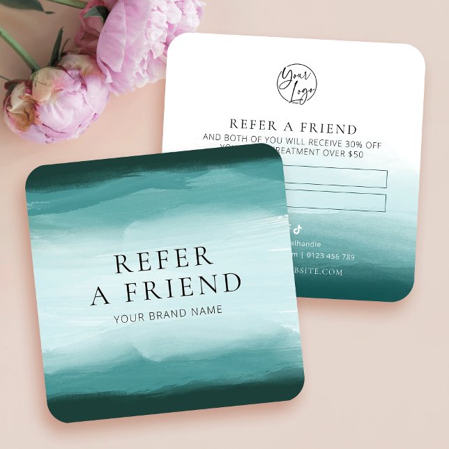 Empfehlen Sie das Logo eines Aquamarinen Beauty We Empfehlungskarte (Trendy turquoise watercolor refer a friend business cards)