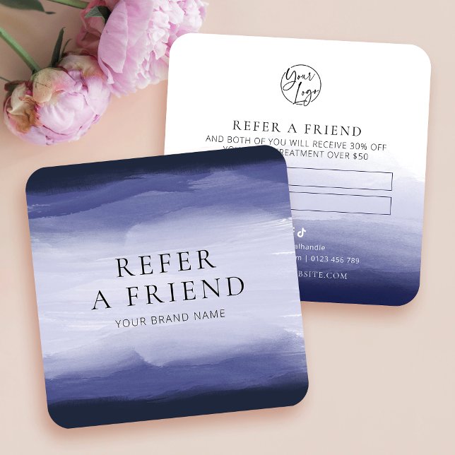 Empfehlen Sie das Logo eines freundlichen Navy Was Empfehlungskarte (Trendy navy blue watercolor refer a friend business cards)