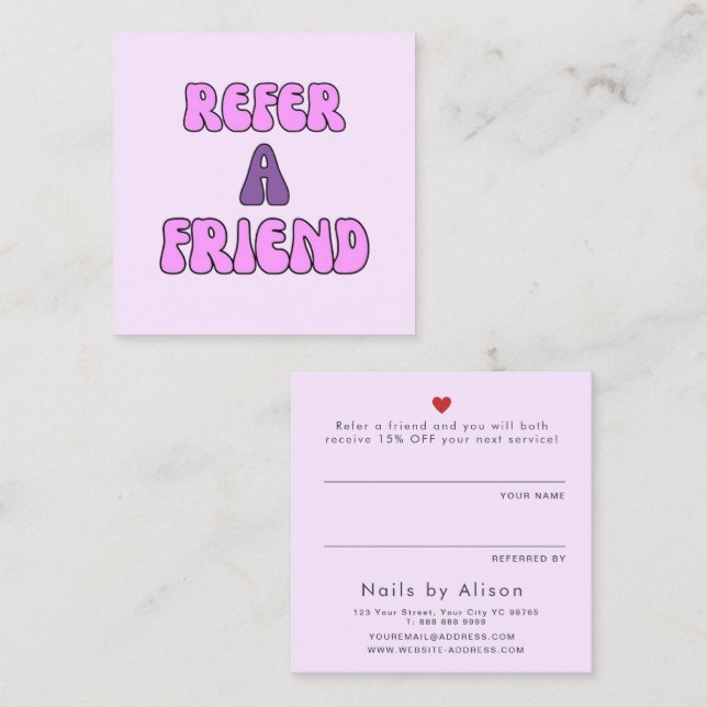 Empfehlen Sie einem Freund rosa lila moderne Typog Empfehlungskarte (Vorne/Hinten)