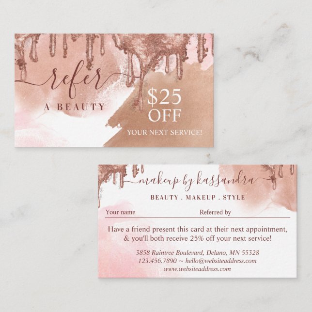 Empfehlen Sie einen Beauty Pink Gold Glitzer Tropf Visitenkarte (Vorne/Hinten)