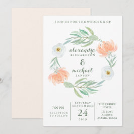 Empfindlicher Pfirsich mit Blumen und Eukalyptus Einladung