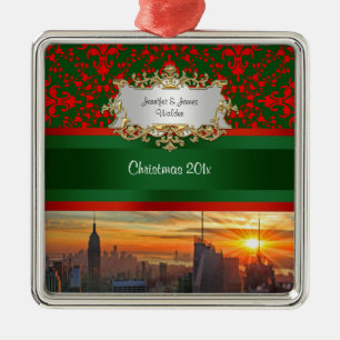 Empire St Bldg Sonnenuntergang NYC Rot Grün Damast Silbernes Ornament