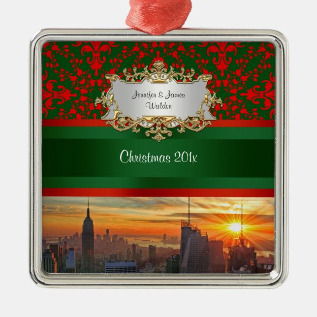 Empire St Bldg Sunset NYC Red Green Damask Xmas Silbernes Ornament (Vorne)