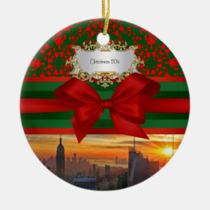 Empire St Bldg Sunset NYC Red Grn Damask Xmas #2R Keramik Ornament
