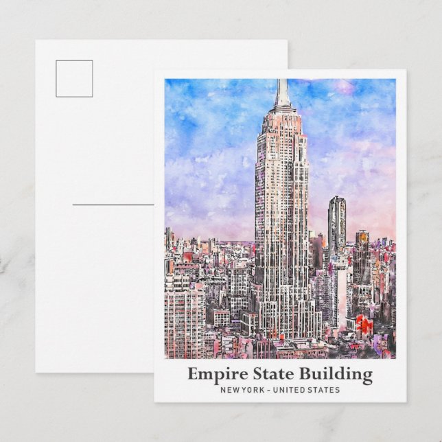 Empire State Gebäude New York Aquarell Sketch Postkarte (Vorne/Hinten)