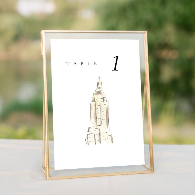 Empire State Gebäude NYC Wedding Tischnummer (Watercolor Empire State Building New York City Skyline wedding table number sign.)