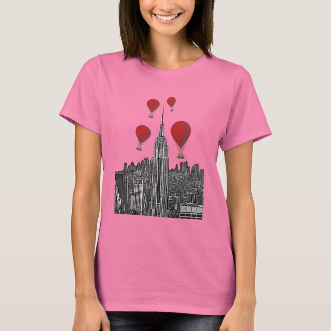 Empire State Gebäude und Red Hot Air Balloons T-Shirt (Vorderseite)