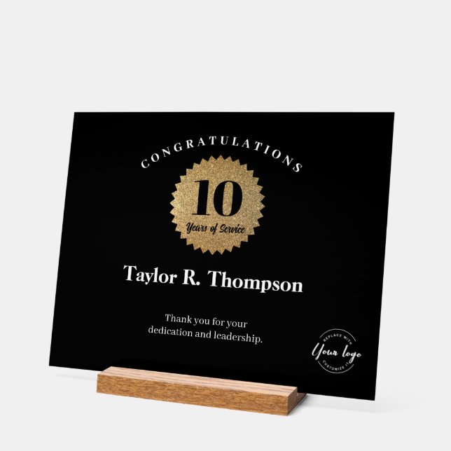 Employee 10 years of service gold seal custom logo acrylschild (Winkel)