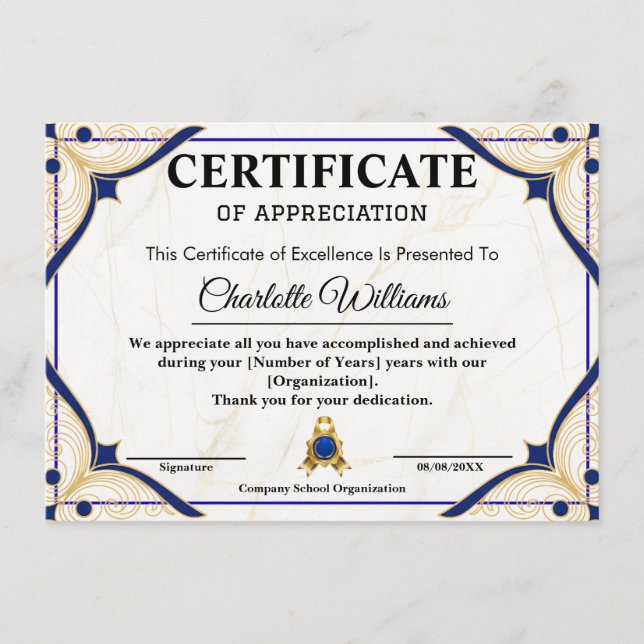 Employee Recognition Certificate Blue Gold Begleitkarte (Vorderseite)