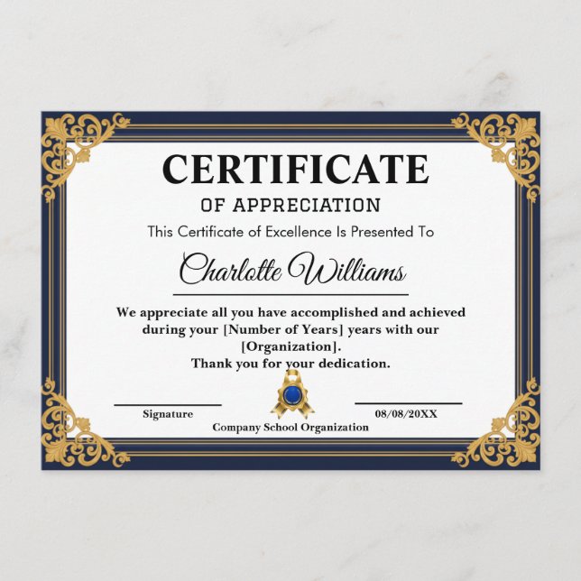 Employee Years of Service Certificate Gold Begleitkarte (Vorderseite)