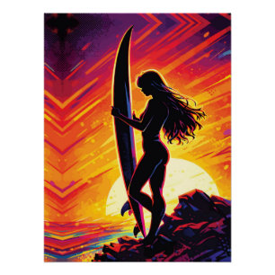 Empowering Surfer Girl Sonnenuntergang Silhouette Poster