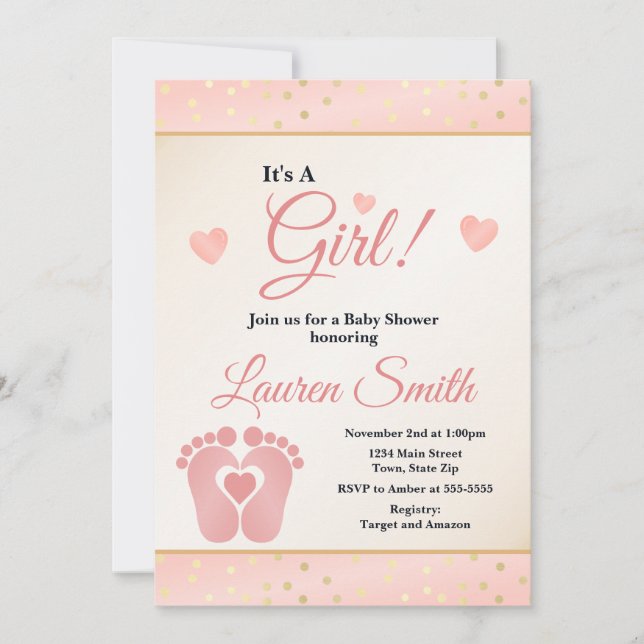 Empreinte Baby shower Invitation fille, orteils bé (Devant)
