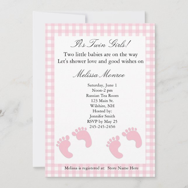 Empreintes roses Invitation Twins Shower (Devant)
