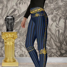 Empress Gold Chain Lion Emblem Black Blue Strip Leggings