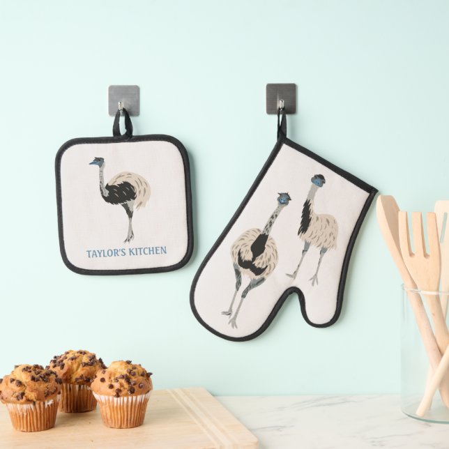 Emus Bird Lovers Personalisiert Ofenhandschuh & Topflappen-Set (Insitu (Hängend))