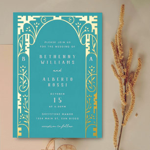 En Aluminium Aqua Elegant Foil Art Nouveau Arch Foil Invitation