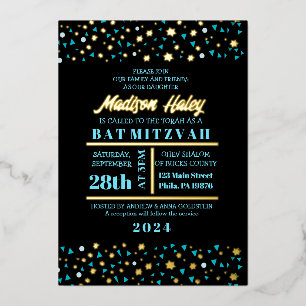 En Aluminium Aqua Stars Bar Bat mitzvah Invitation Gold Foil
