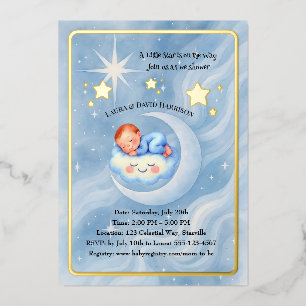 En Aluminium Baby Boy Douche Invitation Lune Étoiles Aquarelle