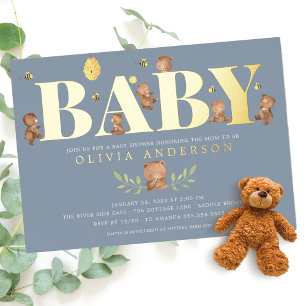 En Aluminium Baby shower d'ours au miel bleu Invitation
