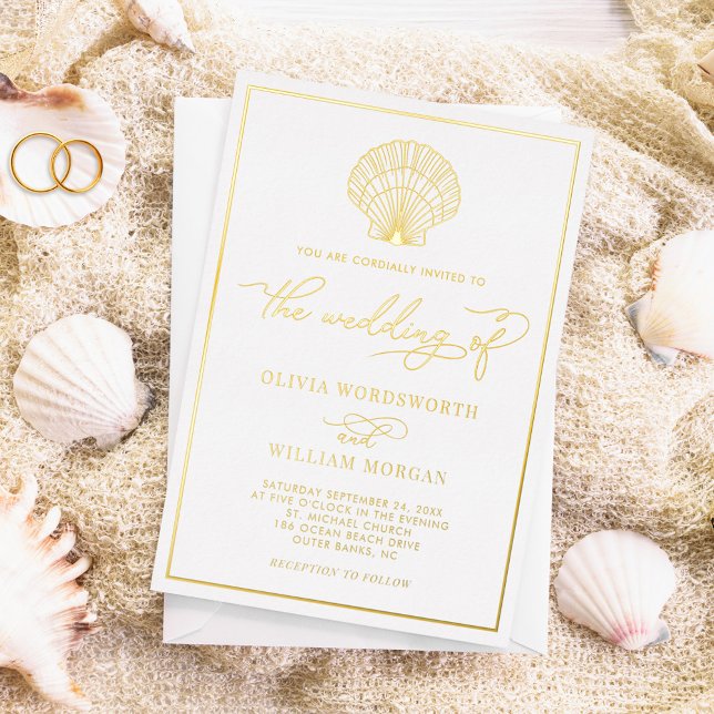 En Aluminium Beach Seashell Élégant Mariage Foil Invitation (Créateur téléchargé)
