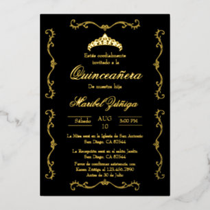 En Aluminium Black Gold avec couronne Quinceanera invitation Fo