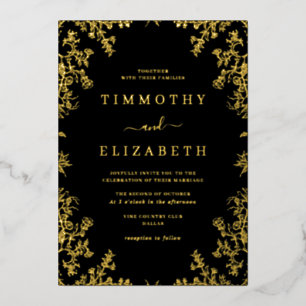 En Aluminium Black Gold Floral Élégant Mariage Foil Invitation