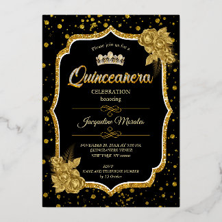 En Aluminium Black Gold & White Quinceañera Invitation d'annive