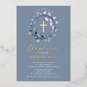 En Aluminium Bleu Leaf garçons Baptême Foil Invitation