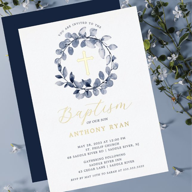 En Aluminium Bleu Leaf garçons Baptême Foil Invitation (Créateur téléchargé)
