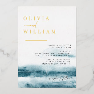 En Aluminium Bleu Océan Aquarelle Mariage Foil Invitation