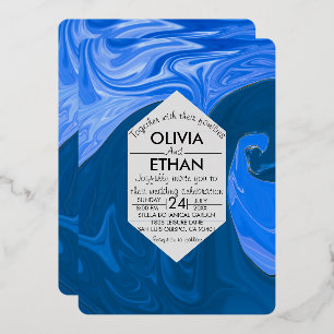En Aluminium Bleu vagues Art abstrait Mariage Foil Invitation