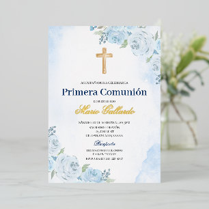 En Aluminium Blue Floral Bautizo Espagnol Invitation