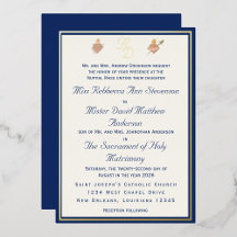 Blue & Gold Two Hearts Catholic Wedding Invitation