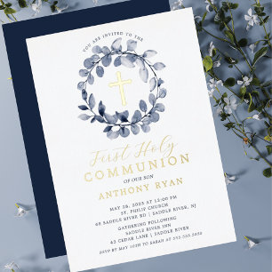 En Aluminium Blue Leaf Boys First Communion Foil Invitation