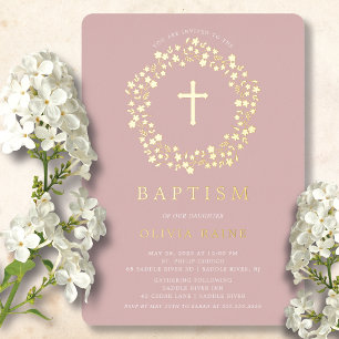 En Aluminium Blush Floral Premier Baptême Foil Invitation