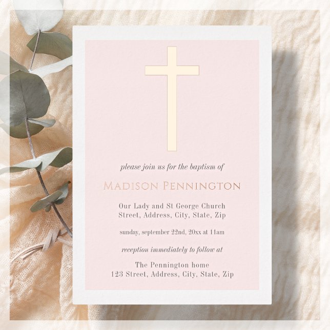 En Aluminium Blush Pink & Gold Cross Baptiser Foil Invitation (Créateur téléchargé)