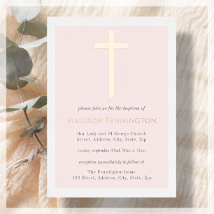 En Aluminium Blush Pink & Gold Cross Baptiser Foil Invitation