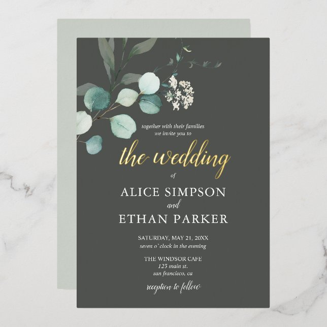 En Aluminium Boho Eucalyptus Feuille Mariage Foil Invitation (Recto/Verso)