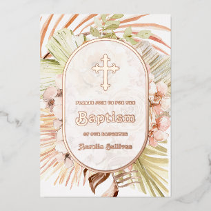En Aluminium Boho Peach Floral Bouquet Baptism Foil Invitation
