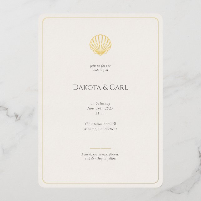 En Aluminium Budget Gold Seashell All-in-One Wedding invitation (Recto)
