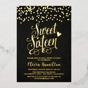 En Aluminium Chic Black Sweet 16 Gold Confetti Foil Invitation